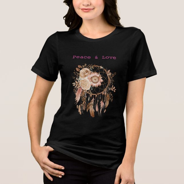 Blush Rose Floral Feathers Dream Catcher T Shirt (Framsida)