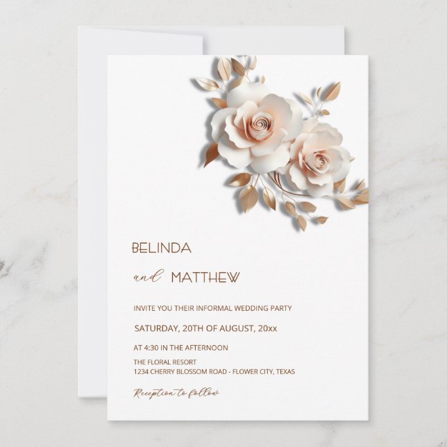 Blush  Rose Gold 3D Flowers Simple Inbjudningar (Framsida)