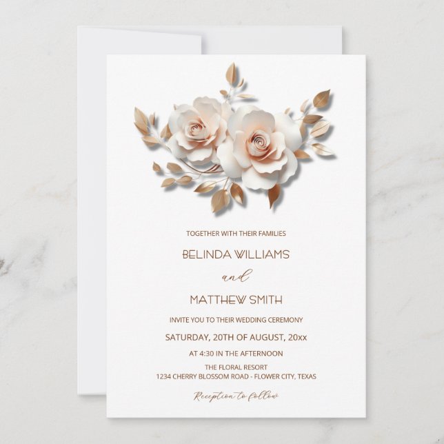 Blush  Rose Gold 3D Flowers Simple Inbjudningar (Framsida)
