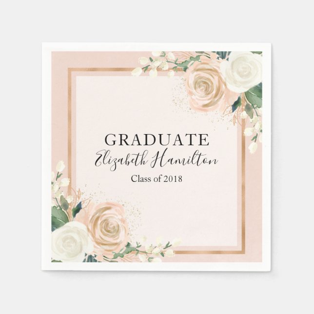 Blush & Rose Gold Chic Blommig Examen Pappersservett (Framsidan)