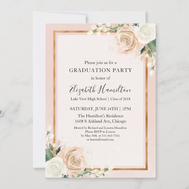 Blush & Rose Gold Chic Blommig Examenfest Inbjudningar (Framsida)