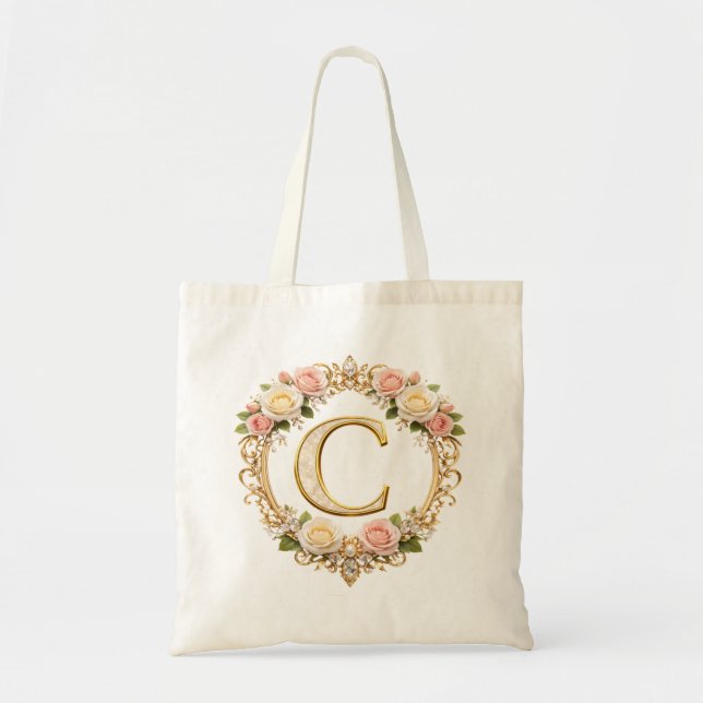 Blush Rose Gold Floral Monogram Letter C Wedding Tygkasse (Framsidan)