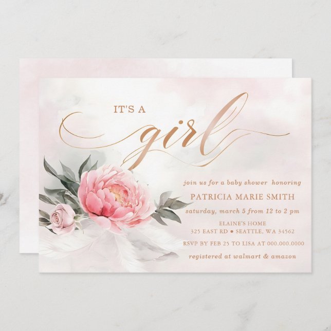 Blush Rose Gold Its a Girl Floral Baby Shower Inbjudningar (Fram/baksida)