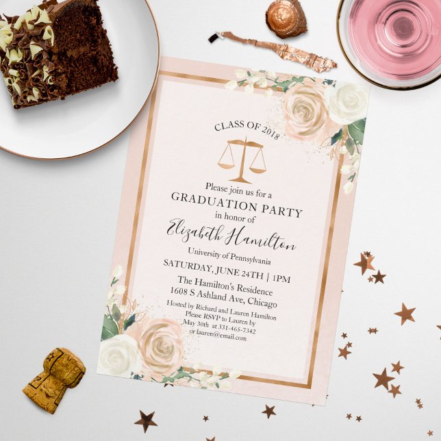Blush & Rose Gold Juristexamen Graduation Party Inbjudningar (Skapare uppladdad)