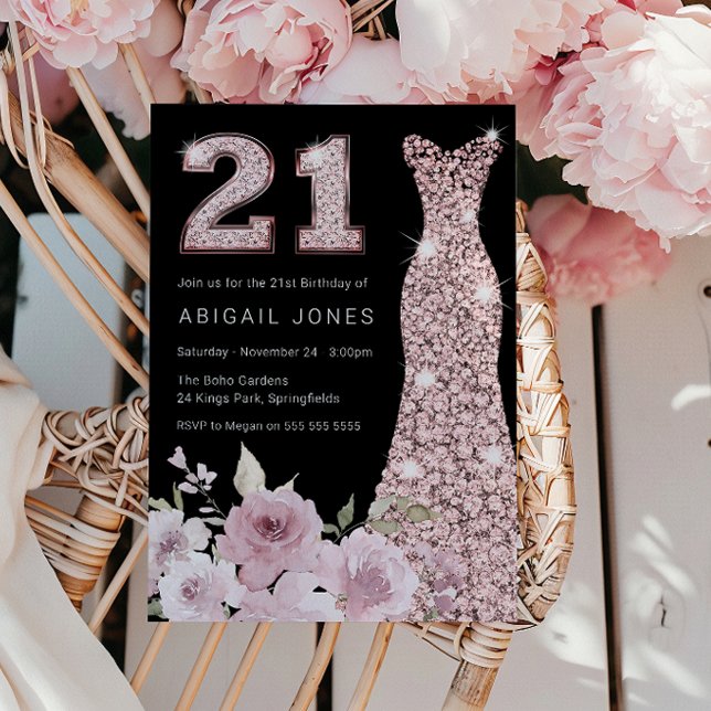 Blush & Rose Gold Klänning 21-års Födelsedagsfest Inbjudningar (Skapare uppladdad)