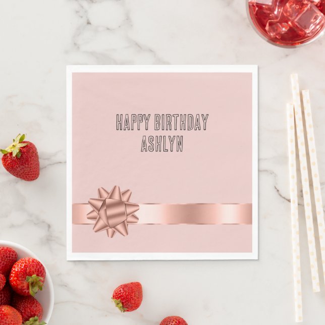 Blush Rose Gold Ribbon Bow Birthday Pappersservett (Insitu)