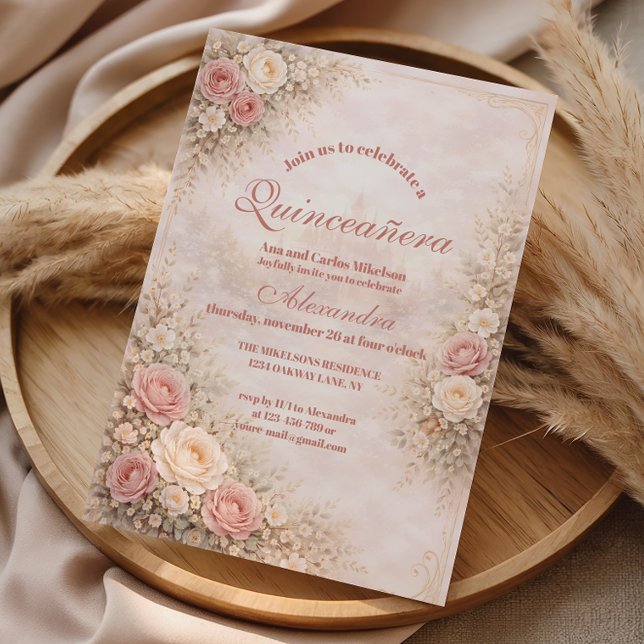 Blush Rose Gold Trädgård Quinceañera Inbjudningar (Skapare uppladdad)