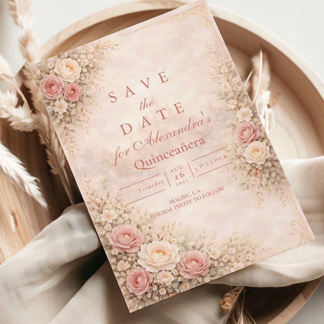Blush Rose Gold Trädgårds Quinceañera Spara Datumet (Skapare uppladdad)