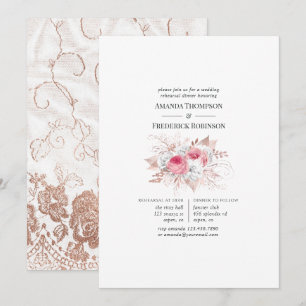 Blush & Rose Guld Blommig och Spets Övningsmiddag Inbjudningar