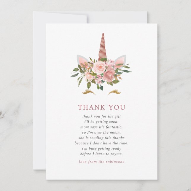 Blush & Rose Guld Enhörning Baby Shower Tack Kort (Framsida)