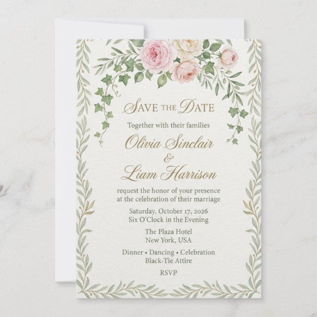 Blush Rose & Ivy Garland Elegant Save the Date  Inbjudningar (Framsida)