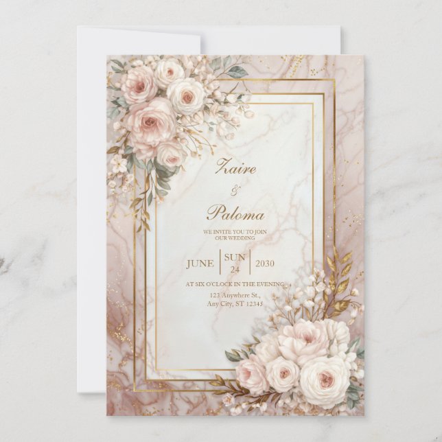 Blush Rose Marble Gilded Frame Wedding Inbjudningar (Framsida)