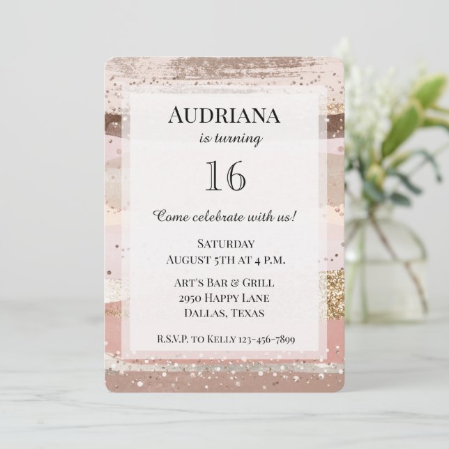 Blush Rose Pink Chocolate Gold Glitter Birthday Inbjudningar (Stående Fram)