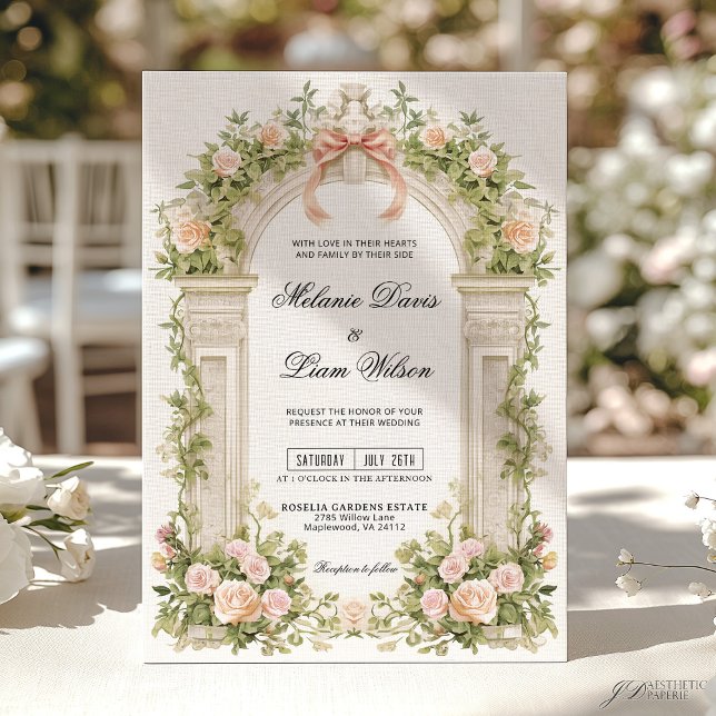 Blush Rose Ribbon Vintage Garden Wedding Inbjudningar (Skapare uppladdad)