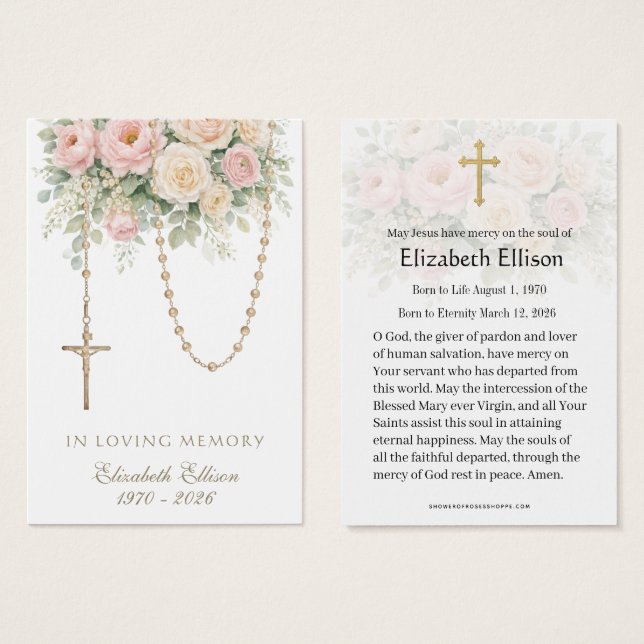 Blush Rose Rosary Draped Memorial Prayer Visitkort (Framsida & baksida)