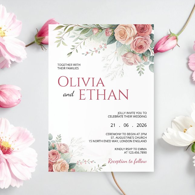 Blush Rose Watercolor Floral Wedding Invitation Inbjudningar (Skapare uppladdad)