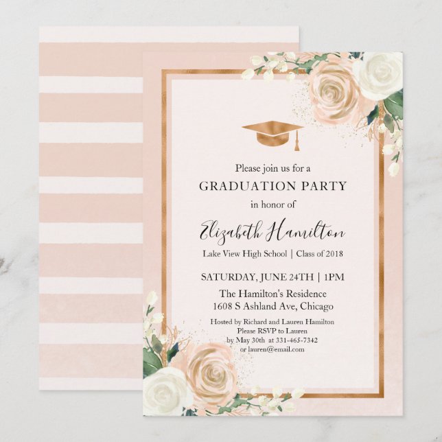 Blush & Roséguld Modern Blommig Examenfest Inbjudningar (Fram/baksida)