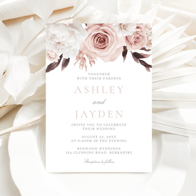 Blush Roses & White Flowers Wedding Inbjudningar (Skapare uppladdad)