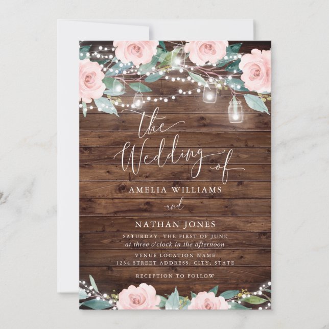 Blush Rustic Leaf String lights Wedding Invitation Inbjudningar (Framsida)
