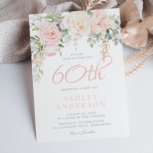 Blush & Sage Elegant Blommig 60-års Födelsedagsfes Inbjudningar (Skapare uppladdad)