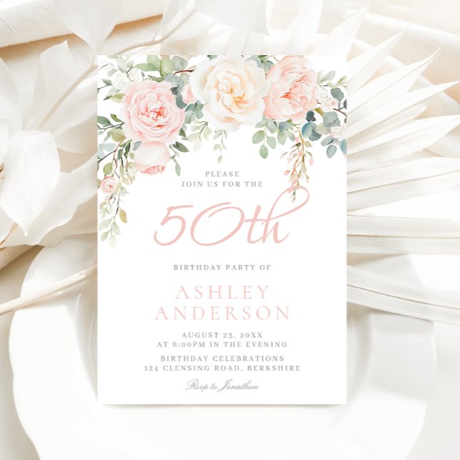 Blush & Sage Elegant Floral 50th Birthday Party Inbjudningar (Skapare uppladdad)