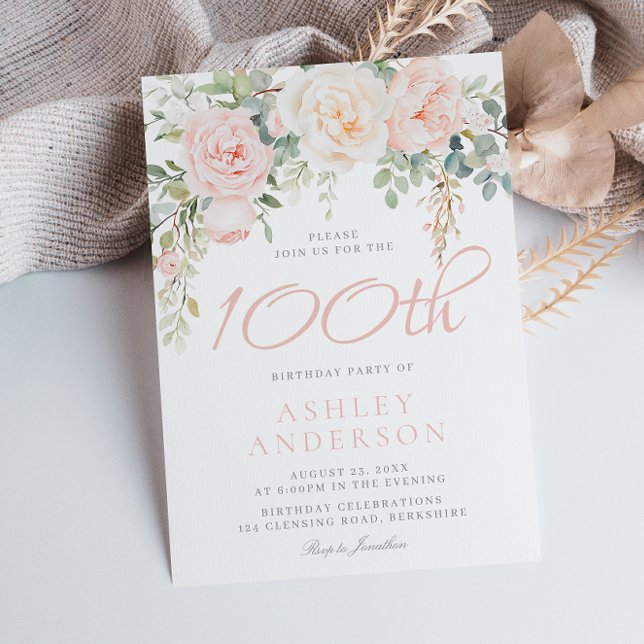 Blush & Sage Elegant Flowers 100th Birthday Party Inbjudningar (Skapare uppladdad)