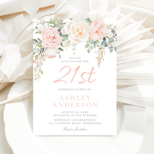 Blush & Sage Flowers Girls 21st Birthday Party Inbjudningar (Skapare uppladdad)