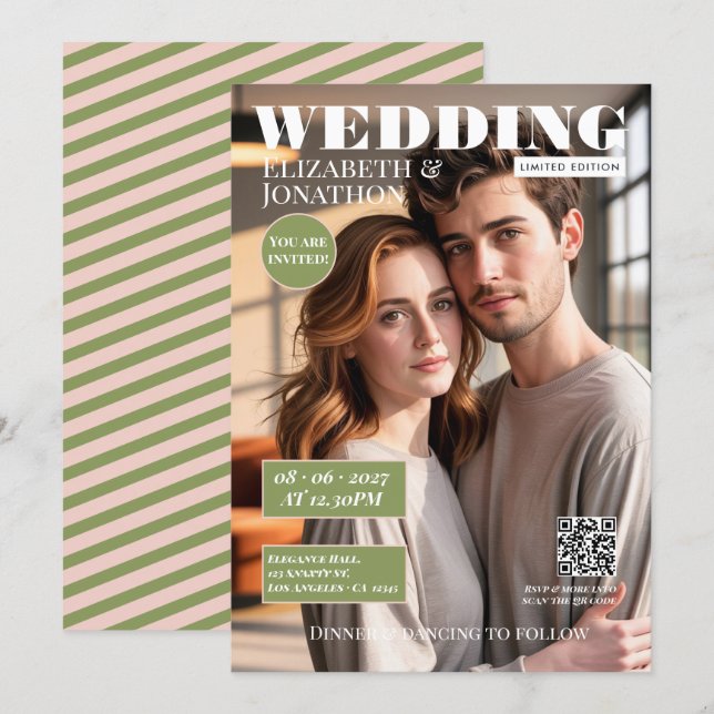 Blush & Sage Green Magasin Bröllopsfoto Inbjudningar (Fram/baksida)