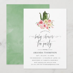 Blush & Sagegrön Blommig Baby Shower Te-fest Inbjudningar