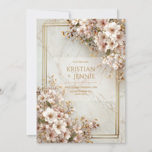 Blush Sakura Marble Gilded Frame Wedding Inbjudningar (Framsida)