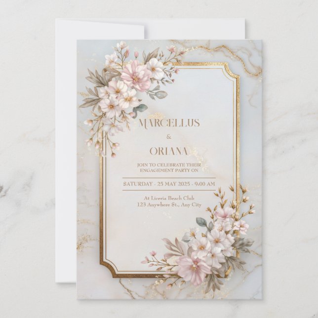 Blush Sakura Marble Gilded Frame Wedding Inbjudningar (Framsida)
