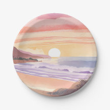 Blush Sea Sunset | Strand Aquarellmålning