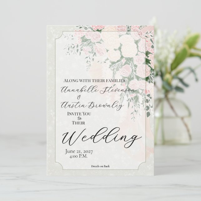 Blush Sheer Bow Rose Wisteria Cascading Bouquet Inbjudningar (Stående Fram)