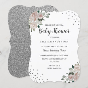 Blush Silver Blommig Konfetti Bebis Shower Inbjuda Inbjudningar