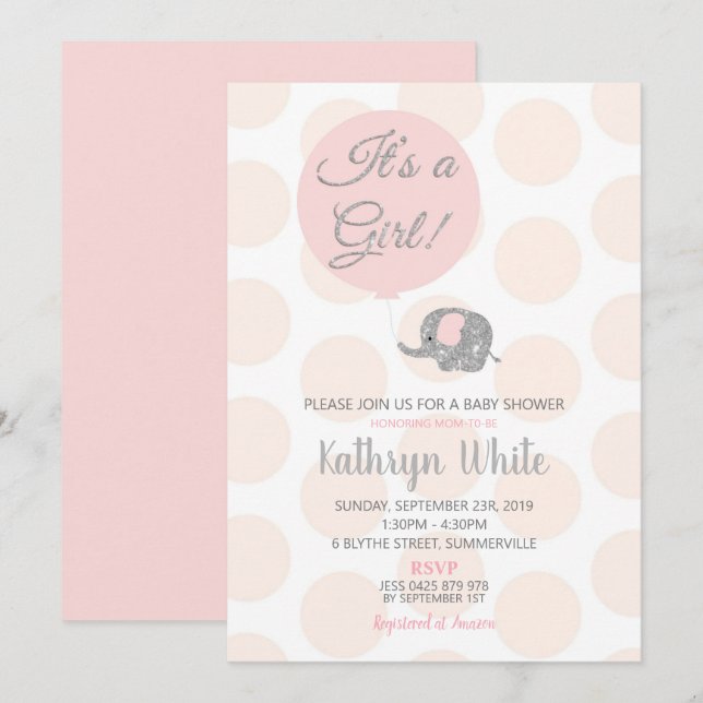 Blush Silver Elefant Baby Shower Inbjudan Tjej (Fram/baksida)
