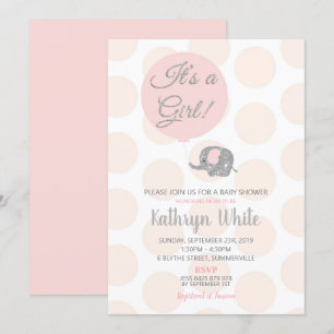 Blush Silver Elefant Baby Shower Inbjudan Tjej
