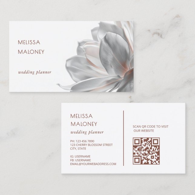 Blush Silver Magnolia Vit QR-kod Businesskort Visitkort (Fram/baksida)