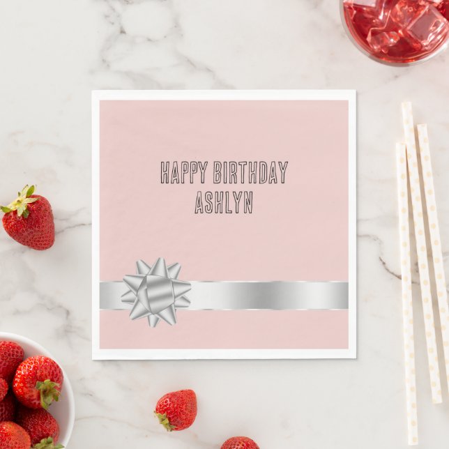 Blush Silver Ribbon Bow Birthday Pappersservett (Insitu)