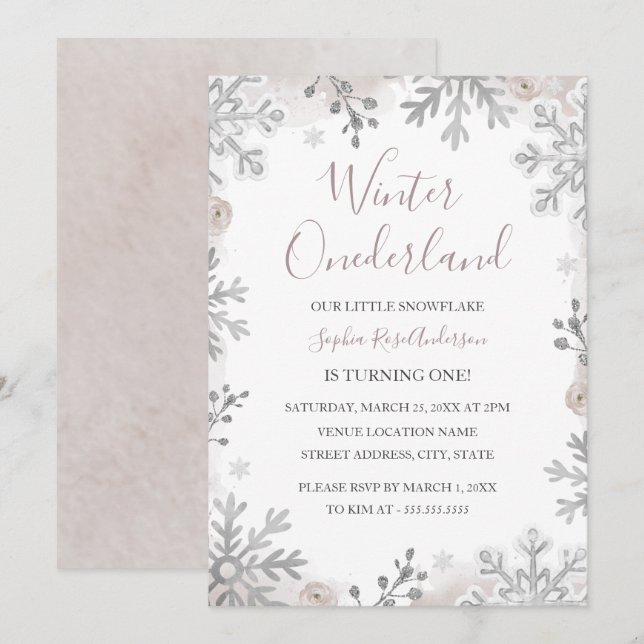 Blush Silver Vinter Onederland 1-årsdag  Inbjudningar (Fram/baksida)