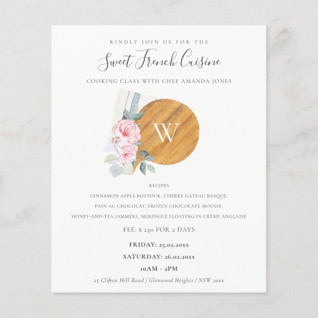 Blush Skärbräda Floral Bageri Matlagning Klass Flygblad (Framsidan)