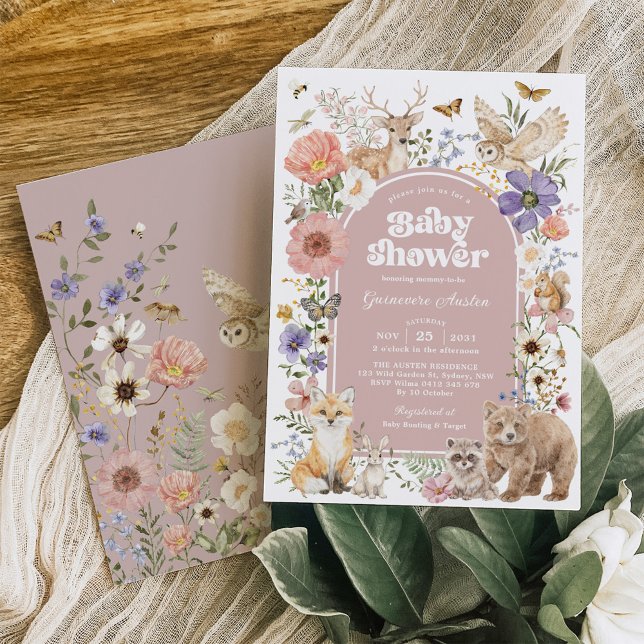 Blush Skogs Djur Blommig Flicka Baby Shower Inbjudningar (Skapare uppladdad)