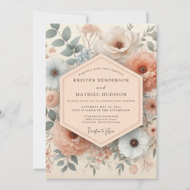 Blush & Slate Antique Floral Wedding Inbjudningar (Framsida)