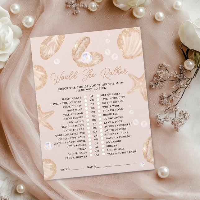 Blush Snigskal "Would She Rather" Baby Shower-spel (Blush Seashell "Would She Rather" Baby Shower game)