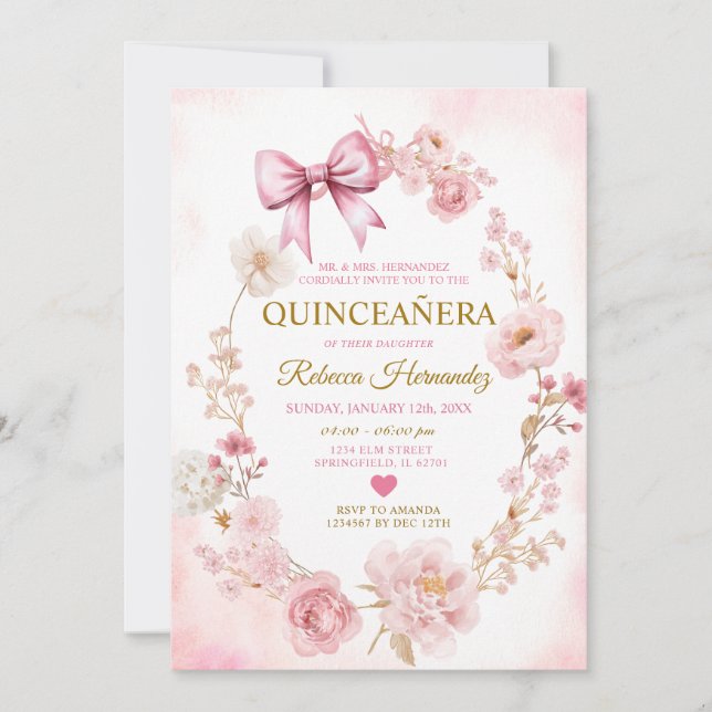Blush Soft Pink Bow Quinceañera Inbjudningar (Framsida)