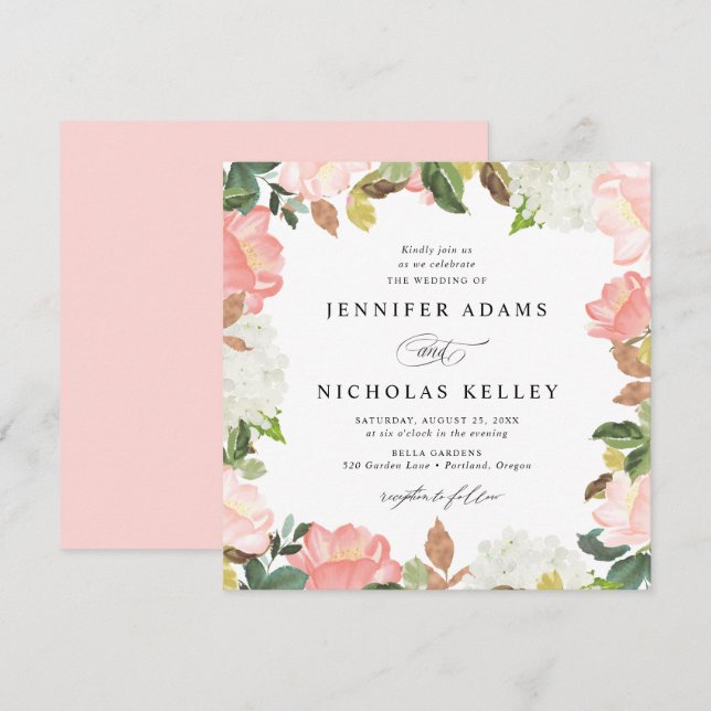 Blush Spring Floral | Fyrkantig Bröllopsinbjudan Inbjudningar (Fram/baksida)