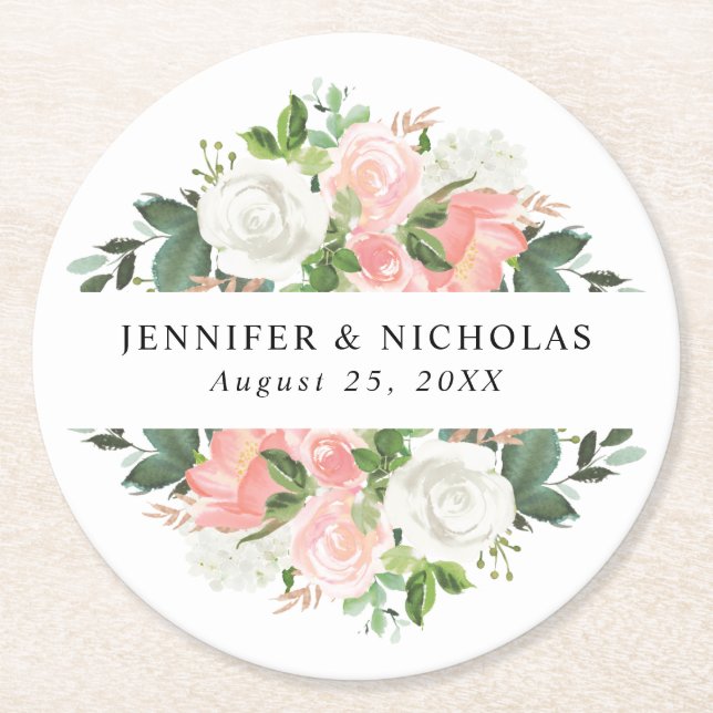 Blush Spring Floral | Personlig Bröllop Underlägg Papper Rund (Framsidan)