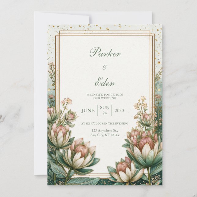 Blush Teal Astrantia Gold Foil Wedding Inbjudningar (Framsida)
