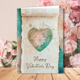 Blush Teal Baroque Sacred Heart Happy Valentines  Kort