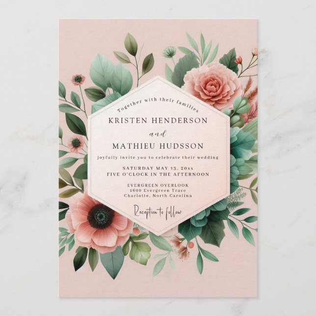 Blush Teal Botanical Wedding Inbjudningar (Framsida)