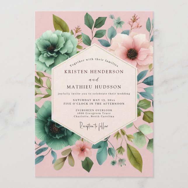 Blush Teal Painterly Flora Wedding Inbjudningar (Framsida)